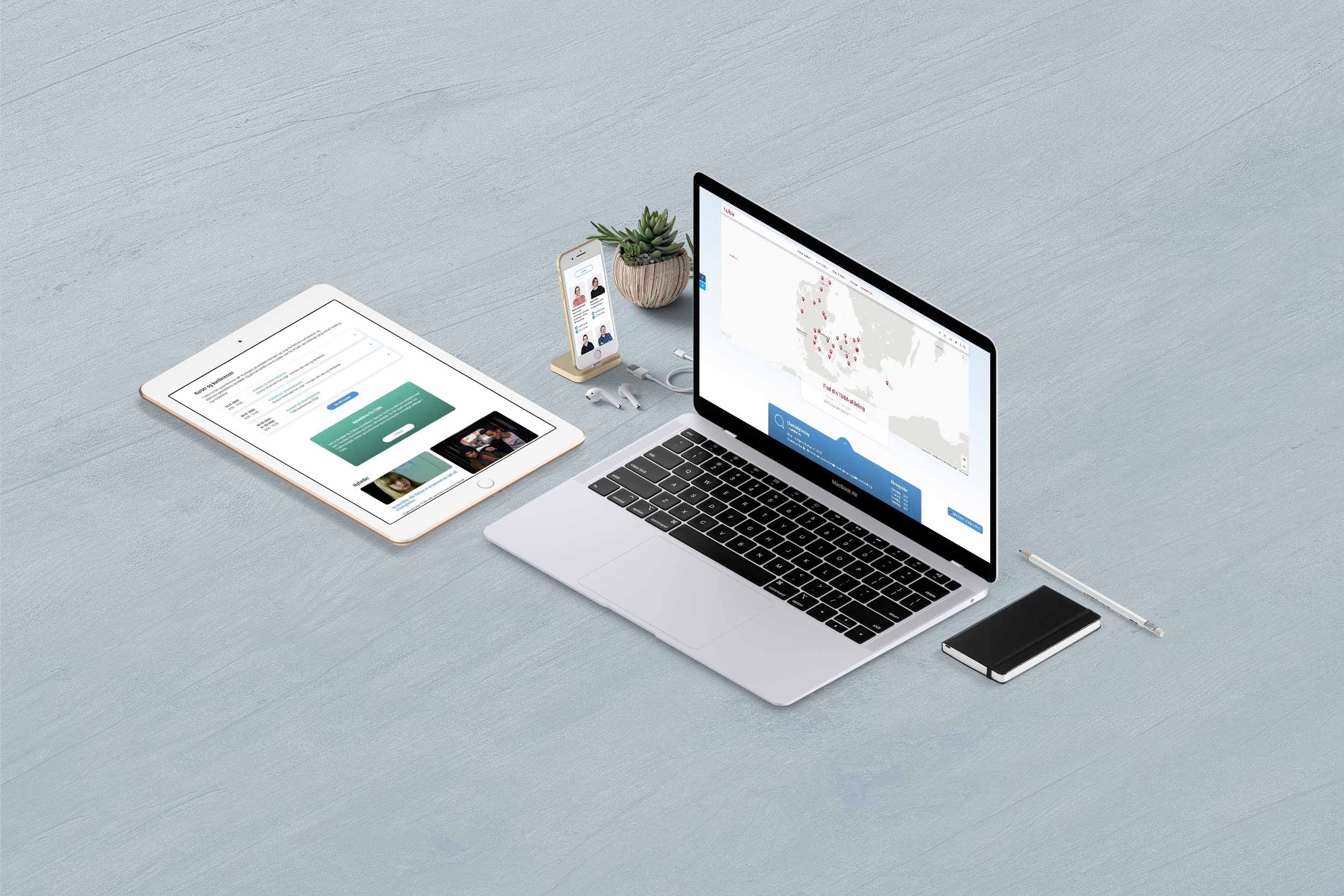 TUBA Danmark website on a Macbook, iPad pro and iPhone