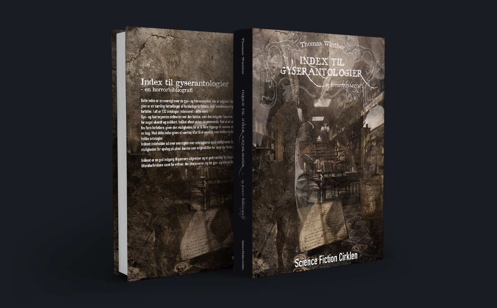 Book cover design and illustration for Index til gyserantologier by Thomas Winther, Science Fiction Cirklen