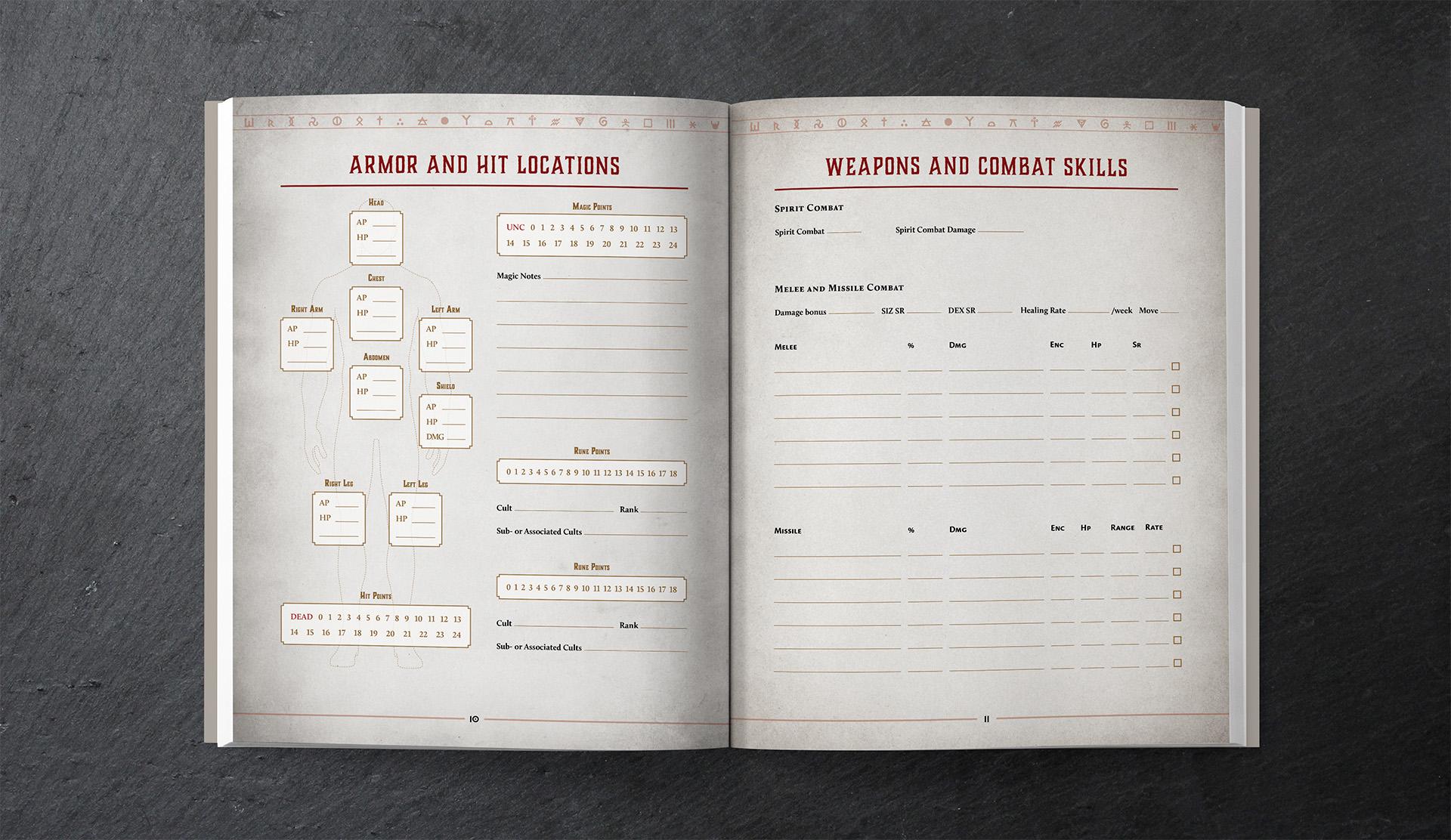Spread showing armor and hit locations, and weapons and combat skills, in the Character Campaign Book for male adventurers